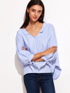 Shein Blue Vertical Striped Lantern Sleeve Blouse With Bow Detail