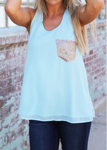Rosewe Light Blue Round Neck Sequin Embellished Tank Top