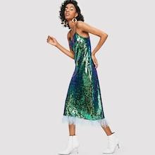 Shein Faux Feather Hem Sequin Panel Cami Dress
