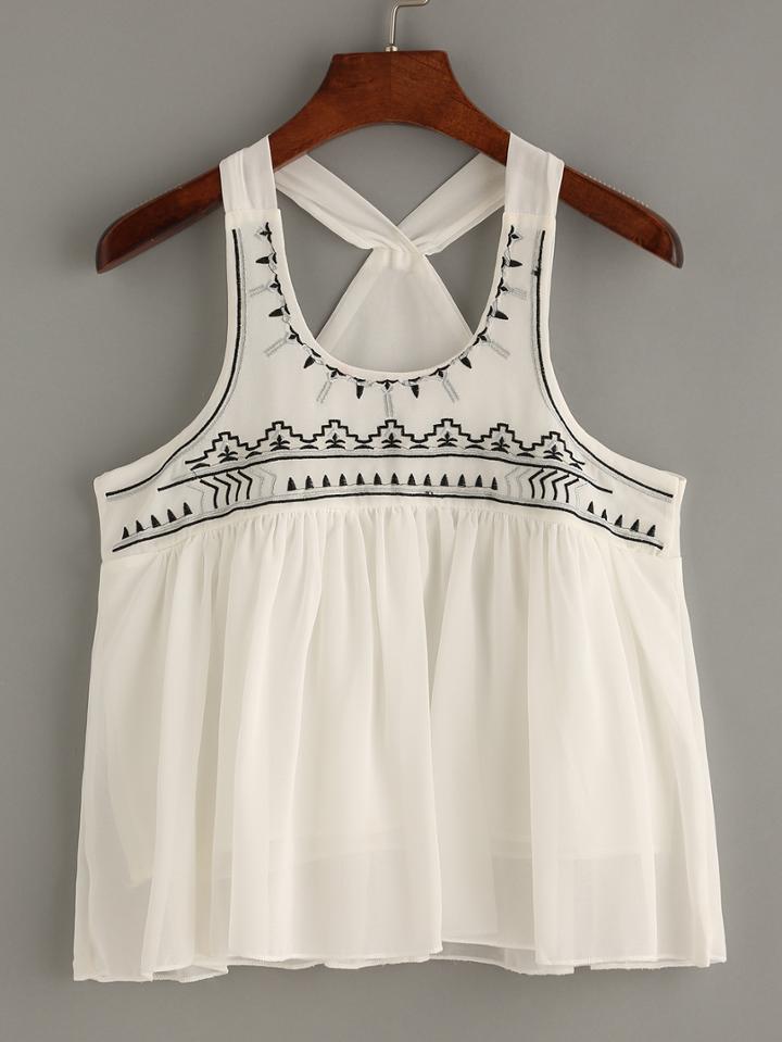 Shein White Embroidered Pleated Chiffon Top