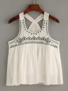 Shein White Embroidered Pleated Chiffon Top