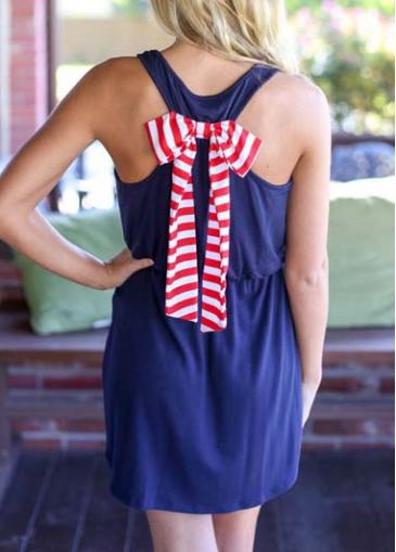 Rosewe Bowtie Decorated Racerback Blue Tank Dress