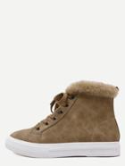 Shein Khaki Faux Leather Rubber Sole Fur Cuff  Flat Booties