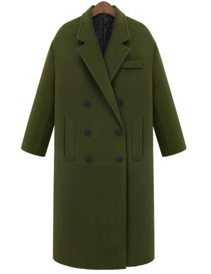 Shein Army Green Lapel Double Breasted Pockets Long Coat
