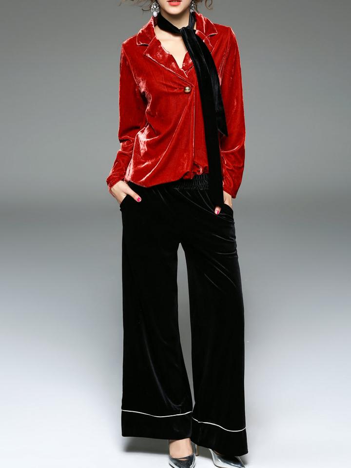 Shein Red Lapel Velvet Top With Pants