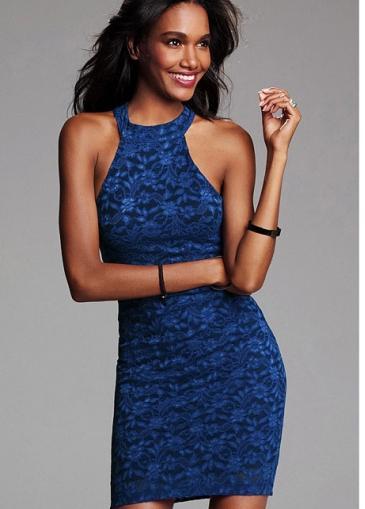 Rosewe Cutout Back Sleeveless Dark Blue Lace Tight Dress