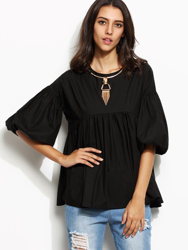 Shein Black Lantern Sleeve Zipper Pleated Blouse