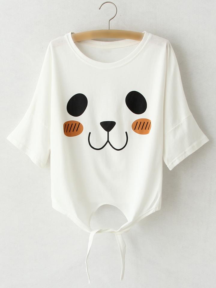 Shein White Bell Sleeve Self-tie Bow Print T-shirt