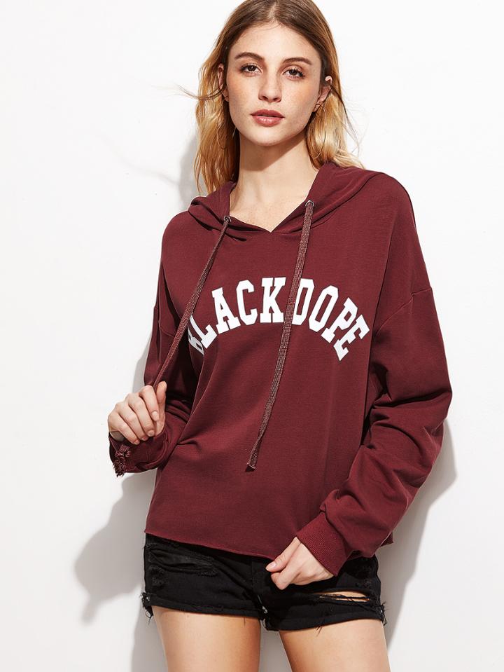 Shein Burgundy Letter Print Drop Shoulder Hoodie