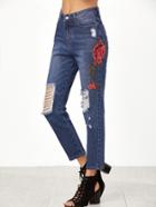 Shein Embroidered Rose Applique Distressed Jeans