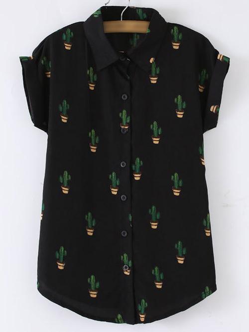 Shein Black Buttons Front Cactus Print Chiffon Blouse