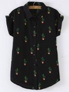 Shein Black Buttons Front Cactus Print Chiffon Blouse