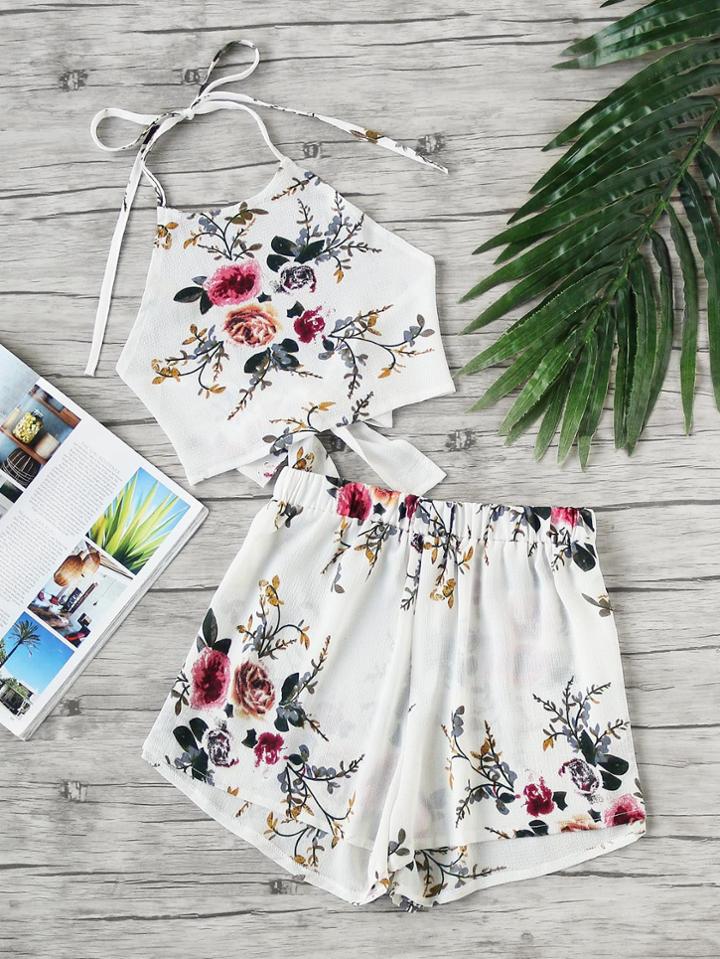 Shein Floral Print Bow Tie Open Back Top With Shorts
