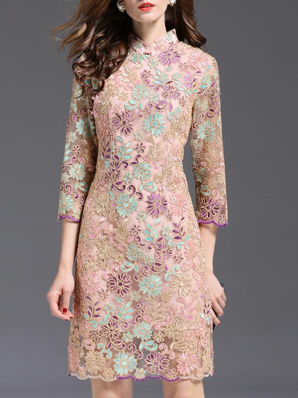 Shein Pink Gauze Flowers Embroidered Sheath Dress