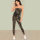Shein Camo Print Contrast Striped Side Strapless Jumpsuit