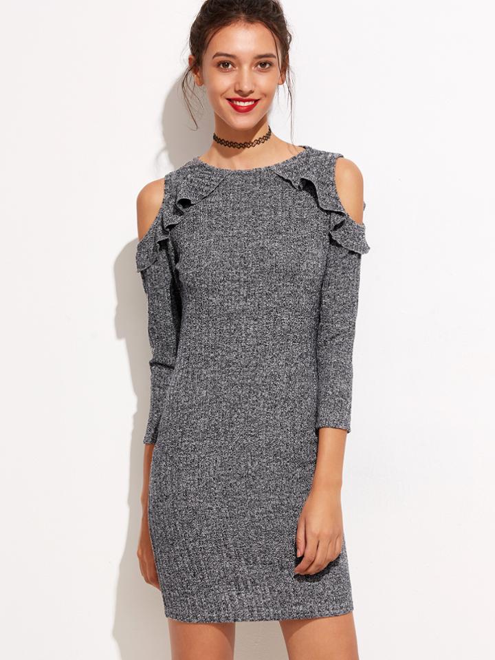 Shein Marled Knit Frill Trim Open Shoulder Dress