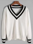 Shein White Contrast Striped Trim Sweater