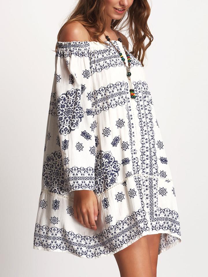 Shein Aztec Print Off Shoulder Elasticized Crochet Insert Boho Dress