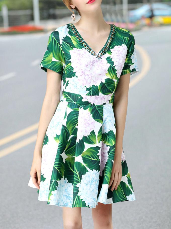 Shein Blue V Neck Beading Leaves Print Dress