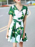 Shein Blue V Neck Beading Leaves Print Dress