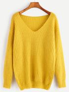 Shein Yellow Ribbed Knit V Neck Drop Shoulder Sweater