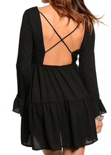 Rosewe Open Back Long Sleeve Black Dress