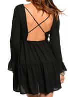 Rosewe Open Back Long Sleeve Black Dress