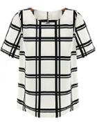 Shein White Black Plaid Short Sleeve Chiffon Blouse