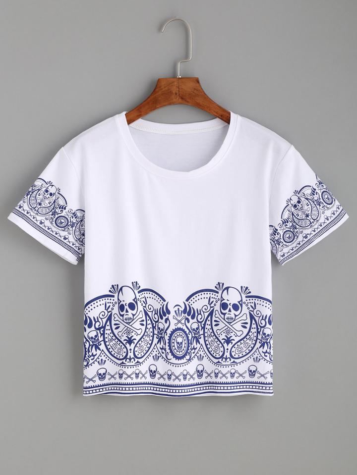 Shein White Skull Print Crop T-shirt