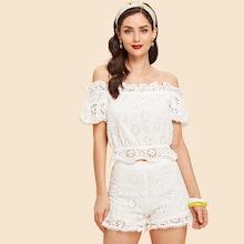 Shein Laser Cut Ruffle Bardot Top & Shorts Set