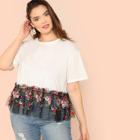 Shein Plus Floral Embroidered Mesh Hem Mixed Media Tee