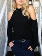 Shein Black Turtleneck Cold Shoulder Sweater