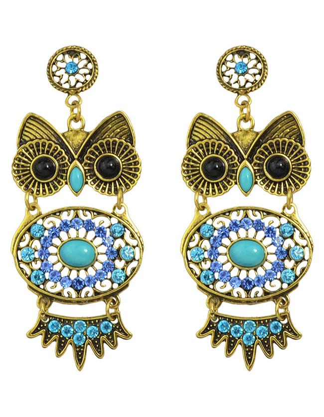 Shein Blue Rhinestone Owl Shaped Earrings