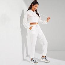 Shein Drawstring Crop Hoodie & Pants Set