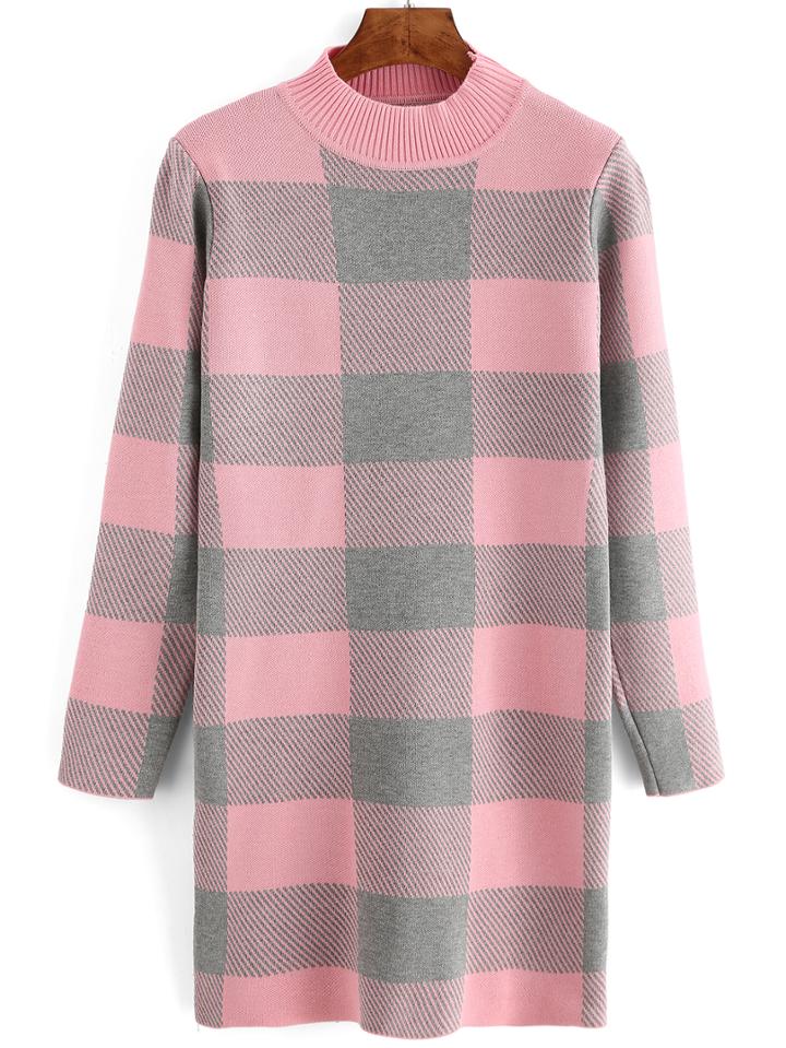 Shein Pink Grey Crew Neck Plaid Sweater Dress