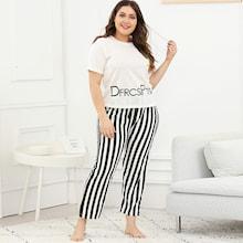 Shein Plus Letter Print Top & Striped Pants Pj Set