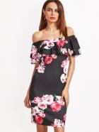 Shein Black Floral Print Off The Shoulder Ruffle Dress