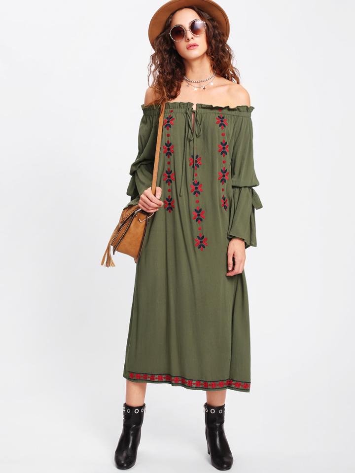Shein Frill Tie Neck Embroidered Bardot Dress
