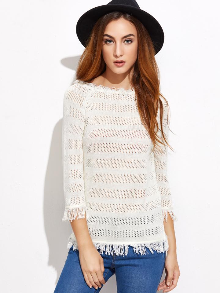 Shein White Fringe Trim Eyelet Striped Sweater