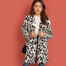 Shein Notched Collar Slit Hem Leopard Coat