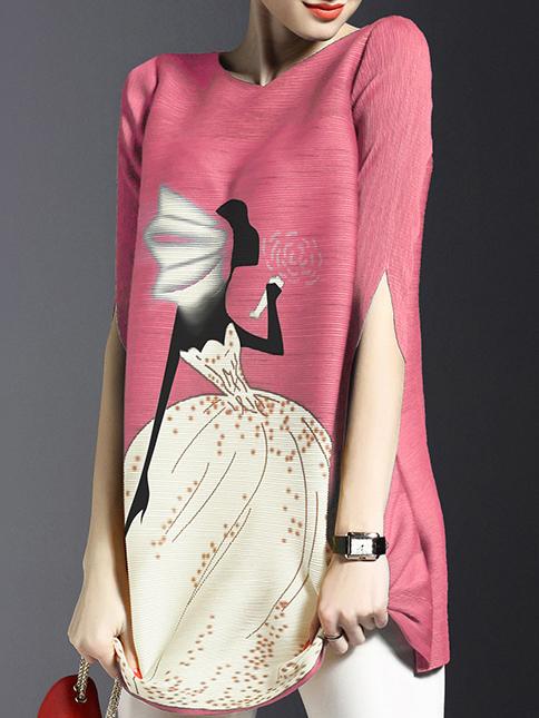 Shein Pink Elastic Pleated Character Print Shift Dress
