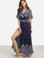 Shein Multicolor Print V Neck Half Sleeve Split Dress
