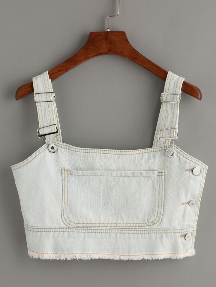 Shein Pale Blue Denim Raw Hem Crop Top With Pocket