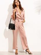 Shein Pink Lapel Half Sleeve Tie Waist Jumpsuit