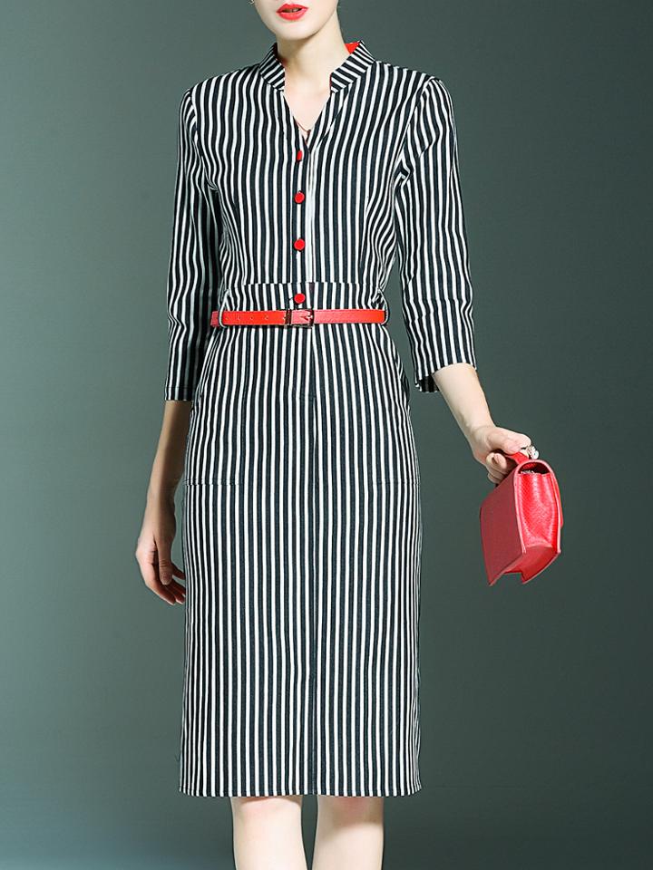 Shein Black White Striped V Neck Belted Dress