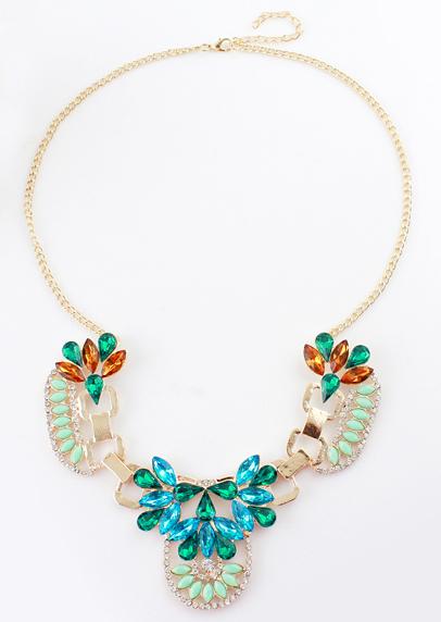 Shein Green Gemstone Diamond Gold Chain Necklace