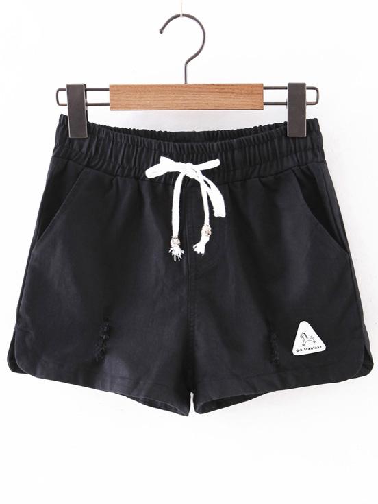Shein Black Pockets Ripped Hole Elastic Tie-waist Shorts