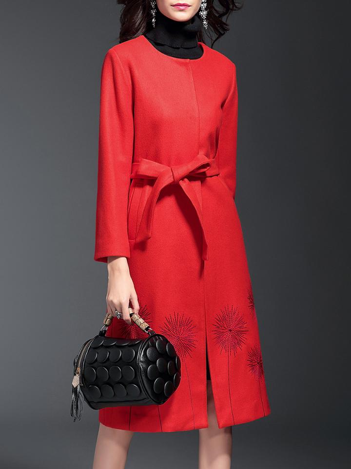 Shein Red Embroidered Tie-waist Coat