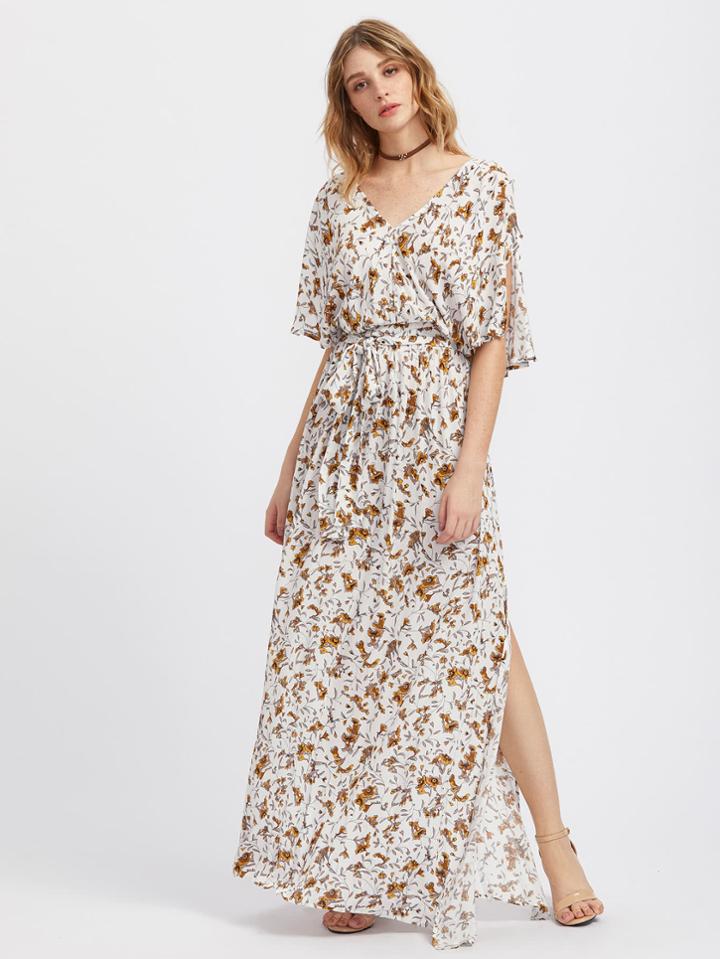Shein Split Sleeve Botanical Print Kimono Dress