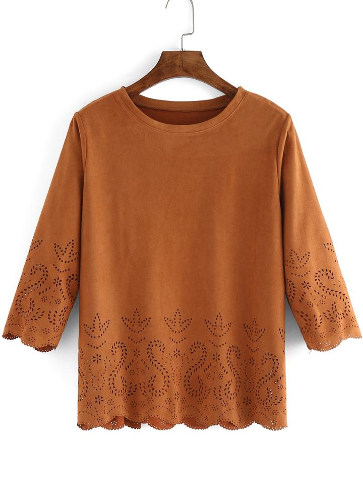 Shein Khaki Round Neck Hollow Suede Blouse